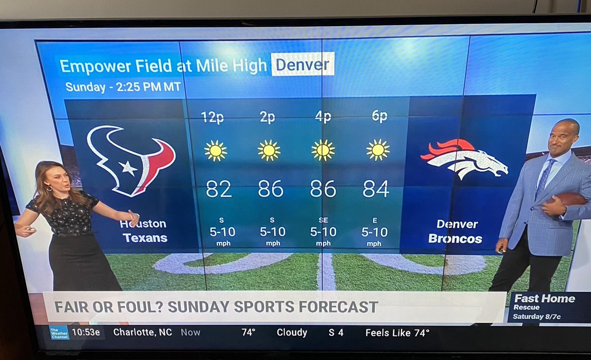 AdmmomH's tweet photo. @weatherchannel you might want to hire someone to check the NFL schedule. Denver is playing Seattle on Monday, not Houston today… https://t.co/L0B4r8xeMX