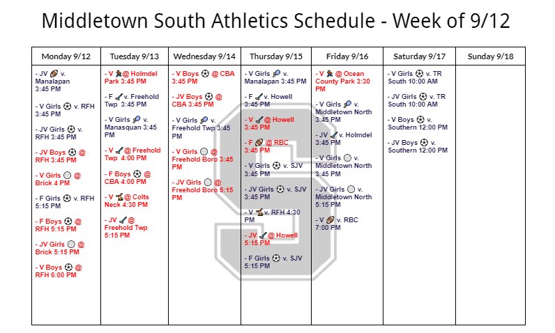 We’re into the full swing of things. Here is the schedule for the upcoming week! <a href="/JRCarroll4/">Rich Carroll</a> <a href="/MiddsouthNation/">Midd South Nation</a> @AlbaneseMHSS <a href="/ColteMHSS/">Danielle Colte</a> <a href="/EspositoMHSS/">Vincent Esposito</a> <a href="/StacyATCSouth/">EagleAthleticTrainer</a> <a href="/clapp_kathy/">Kathy Clapp</a>