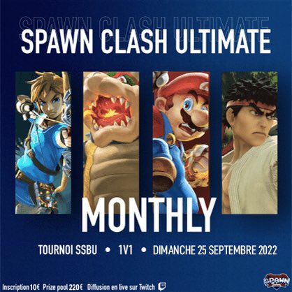 spawnbarsalon's tweet image. 🚨SPAWN CLASH ULTIMATE 14 🚨

Le Spawn Clash Ultimate revient pour une 14 ème édition le dimanche 25 septembre  2022 au Spawn Bar de 10h à 18h.

Pour l’inscription et les infos détaillées, ça se passe ici 👉🏼 start.gg/tournament/spa… 

#SSBU #1v1