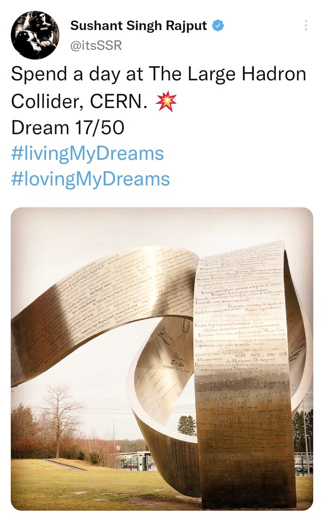 AMKR17612430's tweet photo. Sushant Unfulfilled Dreams
#livingMyDreams
#lovingMyDreams
@itsSSR
Myself (Ur SSRian),take this TL as a timely opportunity to pledge in the Name of #SushantSinghRajput that I would work sincerely to carry forward His Dream17/50 so as to actually become a part of #CERN expmnts. https://t.co/2fnYcZ5PV4