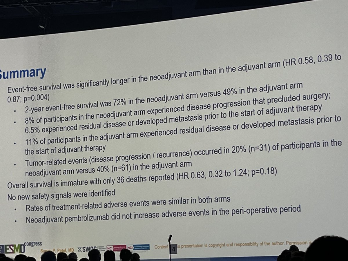 EladSharonMD's tweet photo. This will change the standard of care for advanced, resectable melanomas. Incredible work by #SapnaPatel, @SWOG, ⁦@theNCI⁩, and ⁦@NCItreatment⁩!  We are thrilled for these results for our patients and investigators!! #ESMO22 ⁦@myESMO⁩ ⁦@MDAndersonNews⁩ https://t.co/RcizUSuOXg