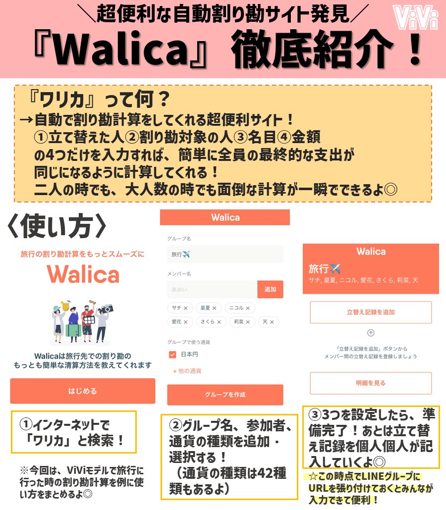 vivi_magazine's tweet photo. 【超便利！自動割り勘計算サイト】『Walica』って知ってる？めんどうな割り勘の計算を秒でしてくれるサイトなんだけど、マジで便利すぎて頼りまくってる…みんな使ってみて！革命だよ…！ https://t.co/TRQETaGt1d