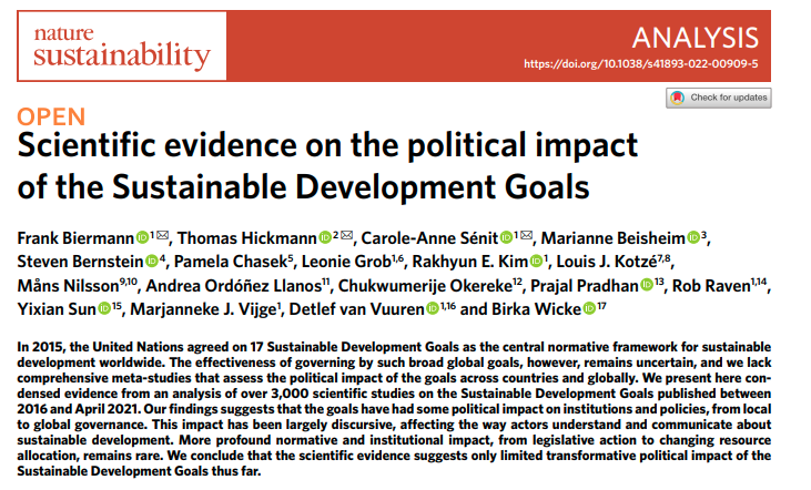 Ari (@ari_mkln) on Twitter photo Over 3,000 scientific articles provide sound evidence that the 2030 Agenda and the SDGs have had some impact, from global governance to local politics. SDGs have offered new instruments for local political and societal actors. <a href="/FHBBiermann/">Frank Biermann @frankbiermann.bsky.social</a> et al.
nature.com/articles/s4189… Over 3,000 scientific articles provide sound evidence that the 2030 Agenda and the SDGs have had some impact, from global governance to local politics. SDGs have offered new instruments for local political and societal actors. <a href="/FHBBiermann/">Frank Biermann @frankbiermann.bsky.social</a> et al.
nature.com/articles/s4189…