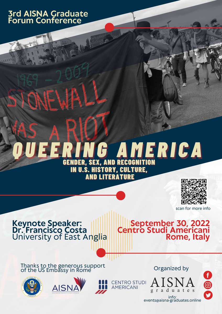 AISNA Graduates (@aisnagraduates) on Twitter photo We are happy to announce the 3rd AISNA Graduates Conference, “Queering America: Gender, Sex, and Recognition in U.S. History, Culture, and Literature.”
🗓️30/09/22 
📍<a href="/centrostudiusa/">CentroStudiAmericani</a>, Rome
Full program and tickets: aisna-graduates.online/aisna-graduate… We are happy to announce the 3rd AISNA Graduates Conference, “Queering America: Gender, Sex, and Recognition in U.S. History, Culture, and Literature.”
🗓️30/09/22 
📍<a href="/centrostudiusa/">CentroStudiAmericani</a>, Rome
Full program and tickets: aisna-graduates.online/aisna-graduate…