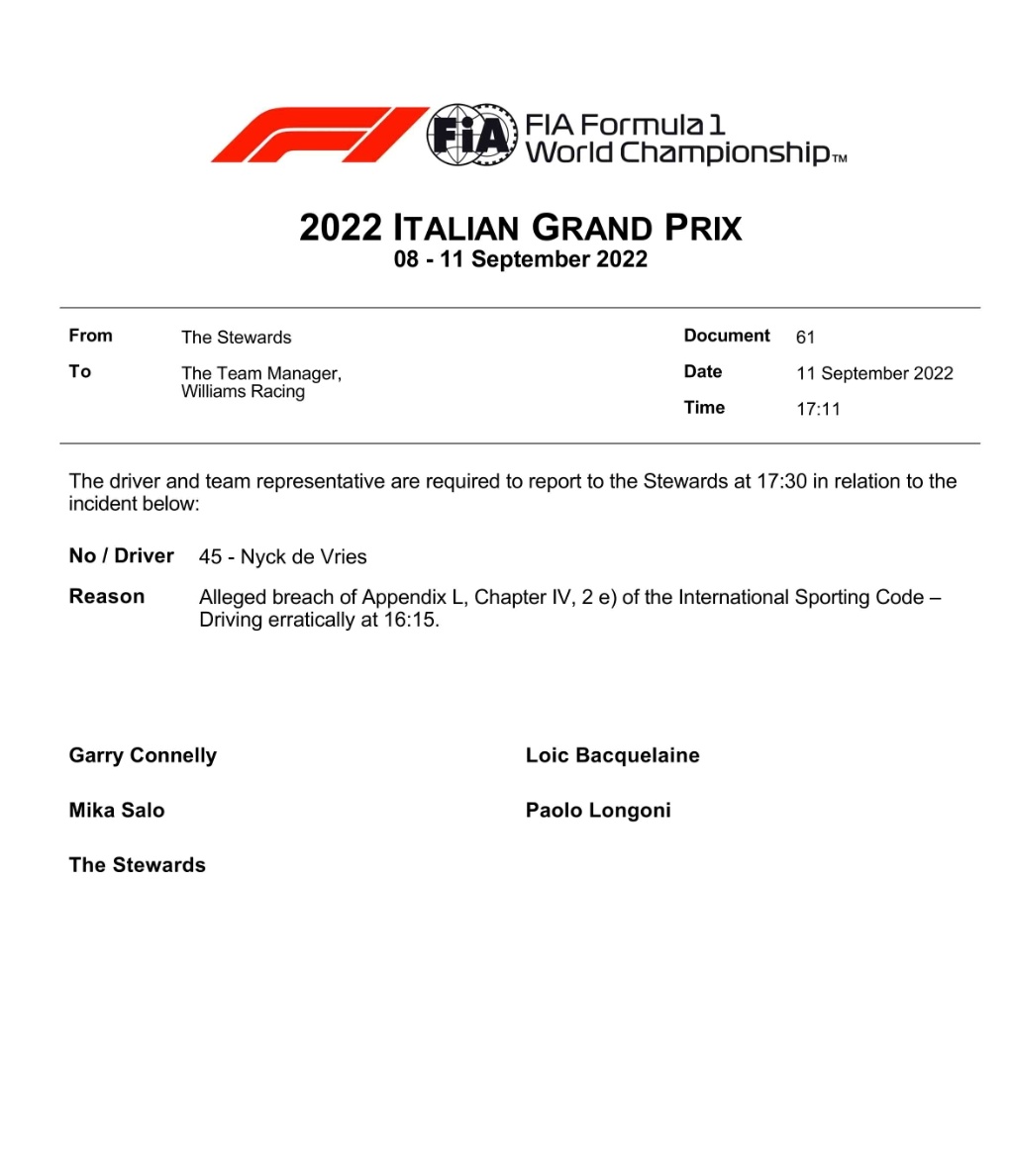 BREAKING. Nyck de Vries moet zich melden bij stewards na Italiaanse GP
