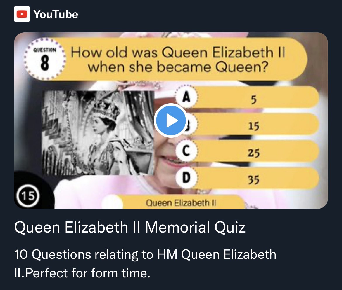 To pay our respects to our beloved HM Queen Elizabeth II, we have dedicated our weekly news quiz to her.

youtu.be/OJ3rgM0X31A

#teacher #QueenElizabeth #formtime #education #school #teachersoftwitter #quiz