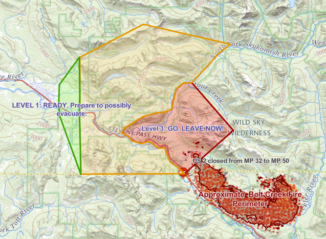 SnoCoSheriff's tweet photo. Only about 50% of the people asked to evacuate for #boltcreekfire in @SnoCounty have taken that advice. We ask that they reconsider. The fire remains active. We need everybody’s help protecting lives today. Evacuation and shelter info: https://t.co/yBJADscWJG https://t.co/ov36beDL2S