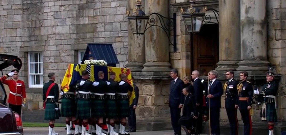 The Princess Royal curtsies to the coffin of Her Late Majesty Queen Elizabeth II on its arrival at the Palace of Holyroodhouse in Edinburgh.