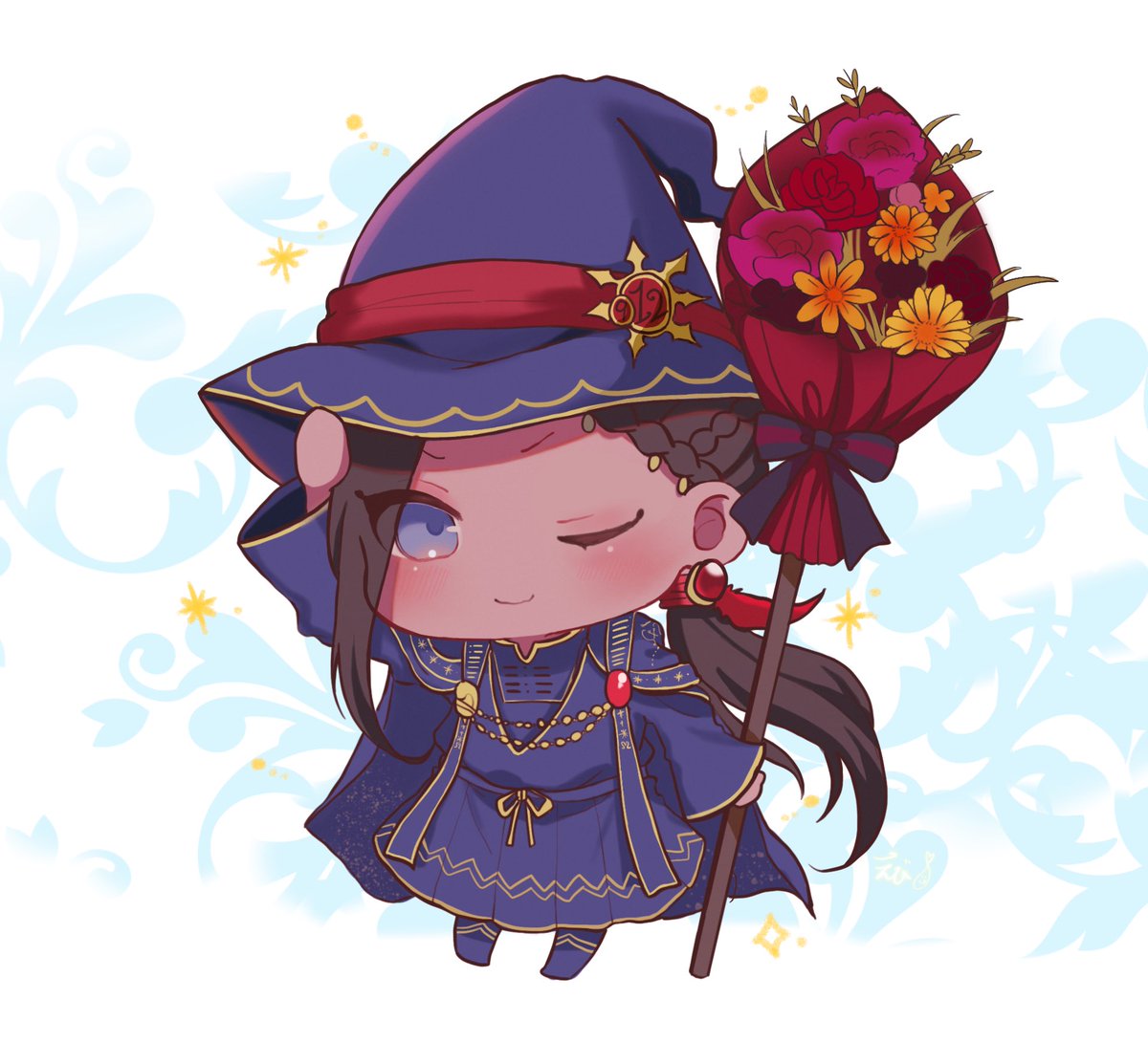hat 1girl one eye closed witch hat solo chibi flower  illustration images
