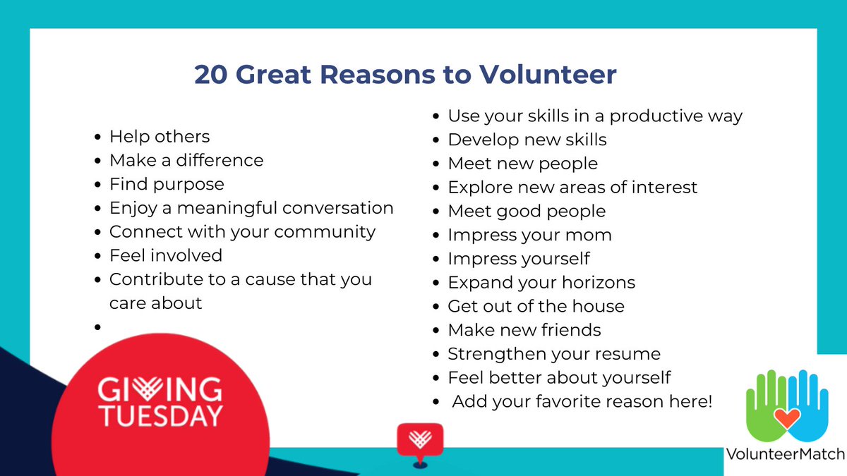 20 reasons to give your time on #GivingTuesday!  Find out exactly how to do it in 
<a href="/VolunteerMatch/">VolunteerMatch, Powered by Idealist</a>'s toolkit on how to volunteer this Nov 29: docs.google.com/document/d/11i…