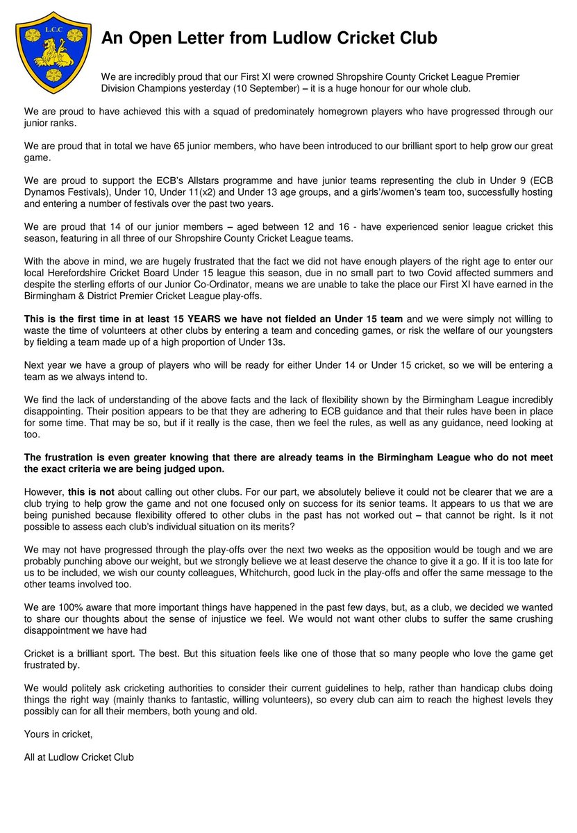 Ludlow Cricket Club (@ludlowcricket) on Twitter photo While we know that there are more significant things happening right now, after a season of hard work, we just want to share the following letter which is written on behalf of everyone at our club.
Ludlow CC SCCL Premier Division champions 2022
Please feel free to share/retweet While we know that there are more significant things happening right now, after a season of hard work, we just want to share the following letter which is written on behalf of everyone at our club.
Ludlow CC SCCL Premier Division champions 2022
Please feel free to share/retweet