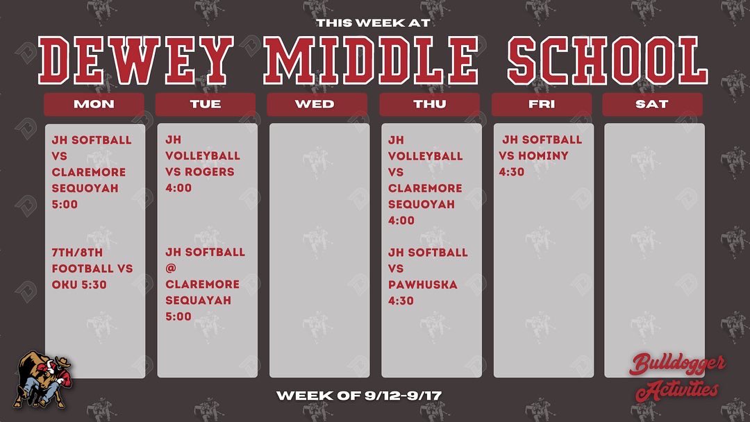 bbcoach55's tweet photo. High School and MIddle School Athletic Schedules for the week of September 6th - September 10th. #BulldoggerAthletics https://t.co/HkLwm6zSVn