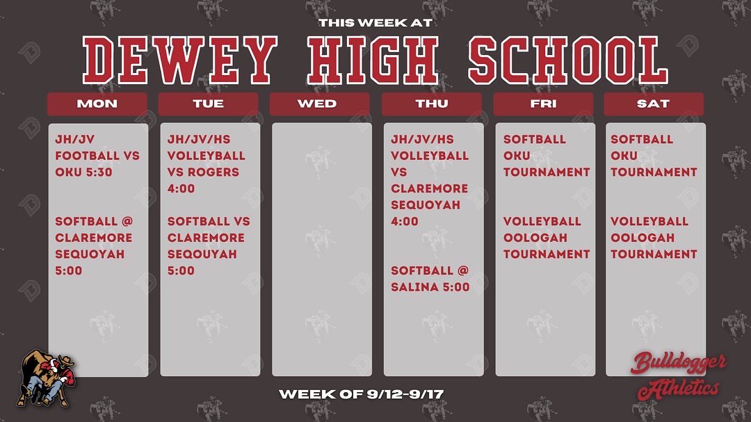 High School and MIddle School Athletic Schedules for the week of September 6th - September 10th. #BulldoggerAthletics