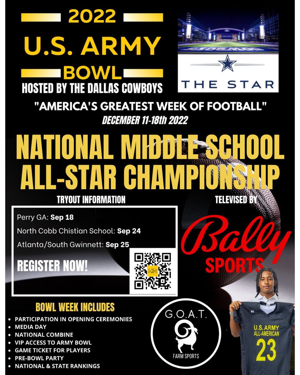 Army Bowl Middle School Tryouts in 3 Locations

Sep 18 @ Perry GA
Sep 24 @ North Cobb Chistian School
Sep 25 @ South Gwinnett

Register NOW! campscui.active.com/orgs/EliteTale…

#BeElite #EliteDBU