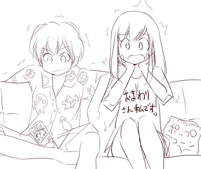 さっきの娘(左)と薫ちゃん(右)は、SとMも逆だし、性格も違うけど仲良しってイメージして落書き。二人でホラー映画見てるとこ^q^ 