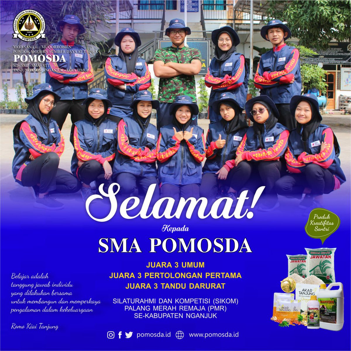 pomosda_id's tweet photo. Selamat untuk adik-adik SMA POMOSDA atas juara 3 umum, juara 3 pertolongan pertama dan juara 3 pembuatan tandu darurat. Dalam rangka lomba Silaturahmi dan Kompetisi (SIKOM) PMR se-Kabupaten Nganjuk yang diselenggarakan oleh PMI Nganjuk. 

#pomosdaberdaya #pomosdahits #pomosda https://t.co/H5cUChVRLo