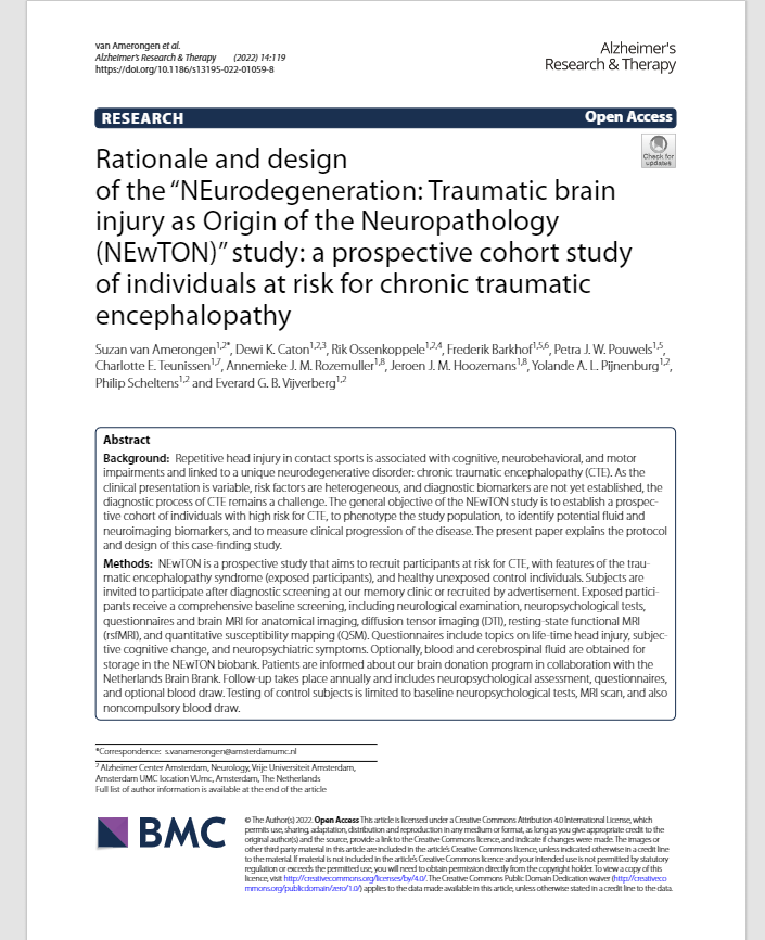 Check out our recent published article that explains the rationale and design of the NEwTON study; a prospective cohort study of individuals at risk for chronic traumatic encephalopathy, based in the Netherlands rdcu.be/cVmQb 
#CTE #TBI <a href="/AlzheimerAms/">Alzheimercentrum Amsterdam (inactief)</a> <a href="/bu_cte/">Boston University CTE Center</a>