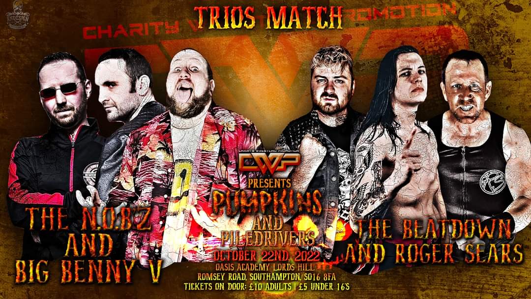 MATCH ANNOUNCEMENT

A WHOPPER Trios match will go down at CWP Pumpkins and Piledrivers as The Beatdown's Brandon Lee and Danny Disorder Pro Wrestler team with Roger Sears Pro Wrestler to face an unusual trio in the Nasty Old Boyz - NOBz and the debuting Big Benny V!