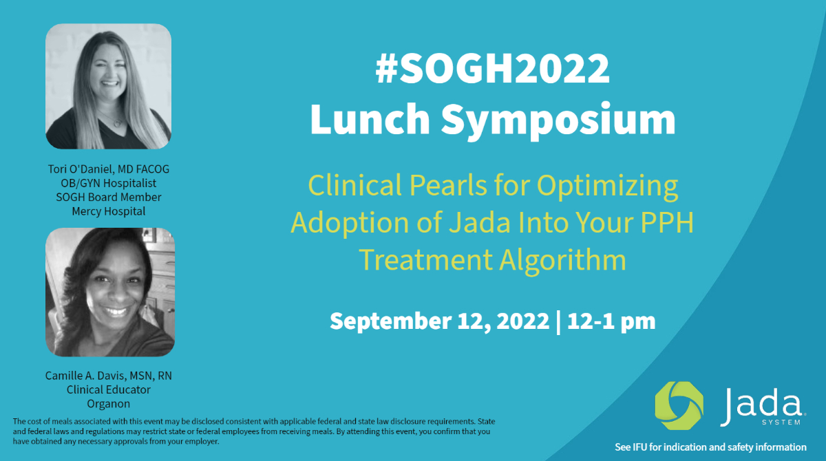 JadaSystem's tweet image. Join us at #sogh2022 for the Jada® System Lunch Symposium tomorrow from 12-1 pm featuring Dr. Tori O’Daniel. Hear some case summaries and her experience implementing Jada into her hospital’s treatment algorithm. #pregnancy #birth #pph #postpartumhemorrhage #conservativemanagement