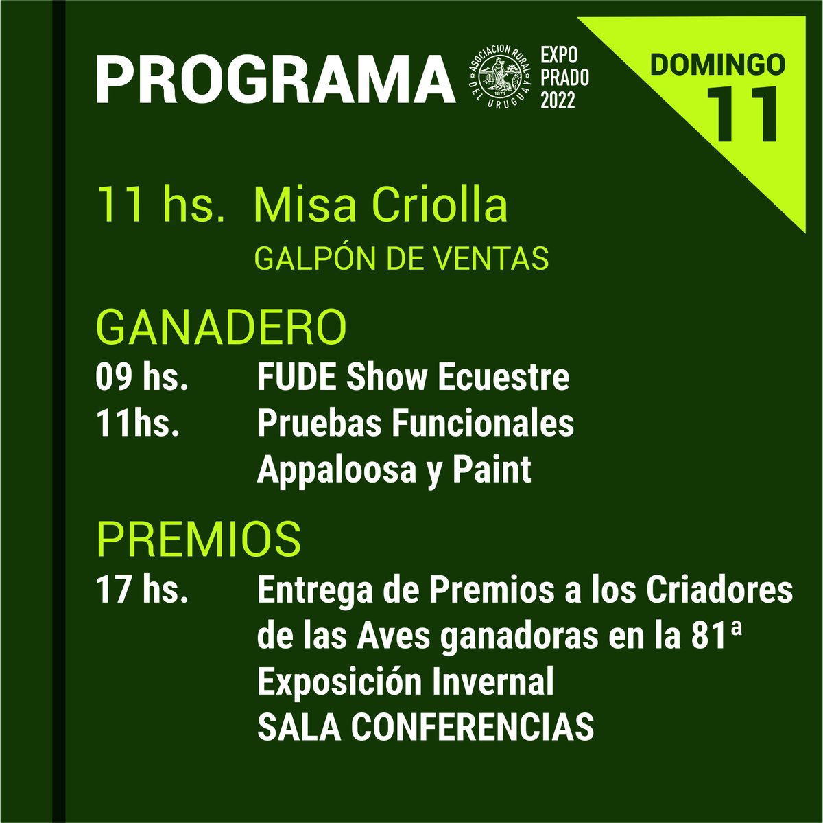 ExpoPrado's tweet photo. PROGRAMA DEL DOMINGO 11
Expo Prado 2022.
Producción Sustentable.
Del viernes 9 al domingo 18 de setiembre.
https://t.co/dpxQRV6hty
#agro
#larural
#expoprado
#plazaprado
#arutv https://t.co/TKBMQc03oL