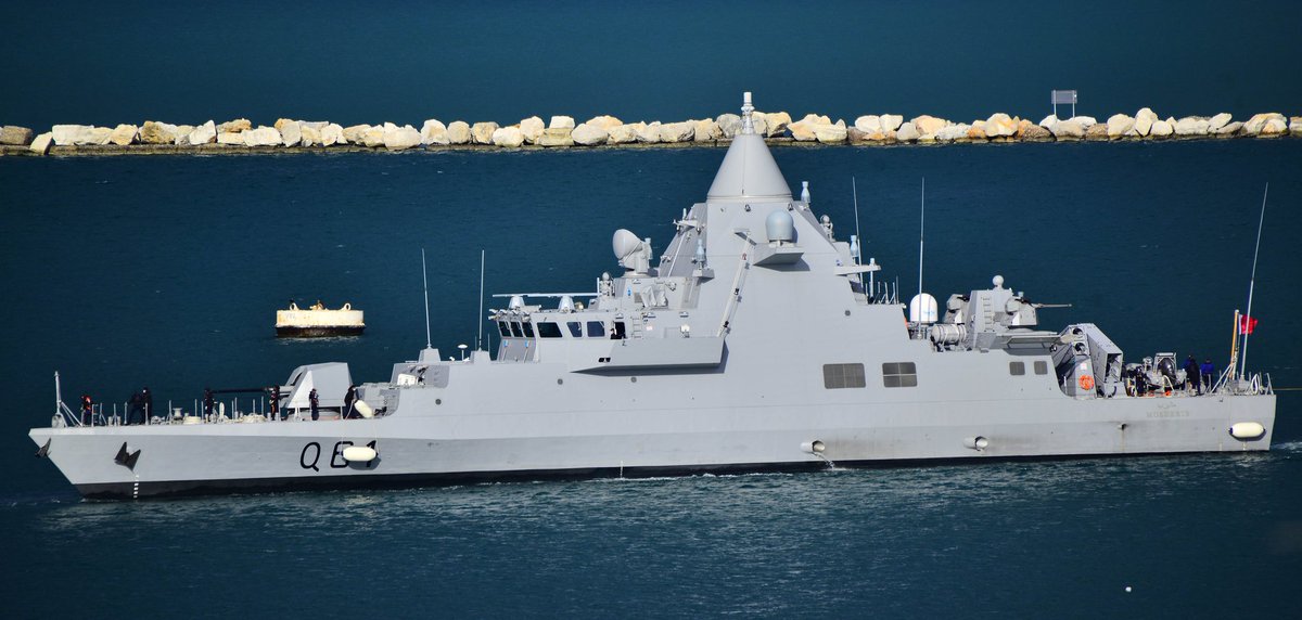 D__Mitch's tweet photo. The 740-ton/64-meter #QatariEmiriNavy Musherib FACM, built by @Fincantieri, is a powerful vessel carrying a 76/62mm SR gun, 8 x VL Mica SAM, 4 x Exocet MM40 Block 3 SSM, 2 x Marlin 30mm RWS and DLS while it is equipped with advanced sensors, communications and processing systems. https://t.co/ecdv9O4yUX
