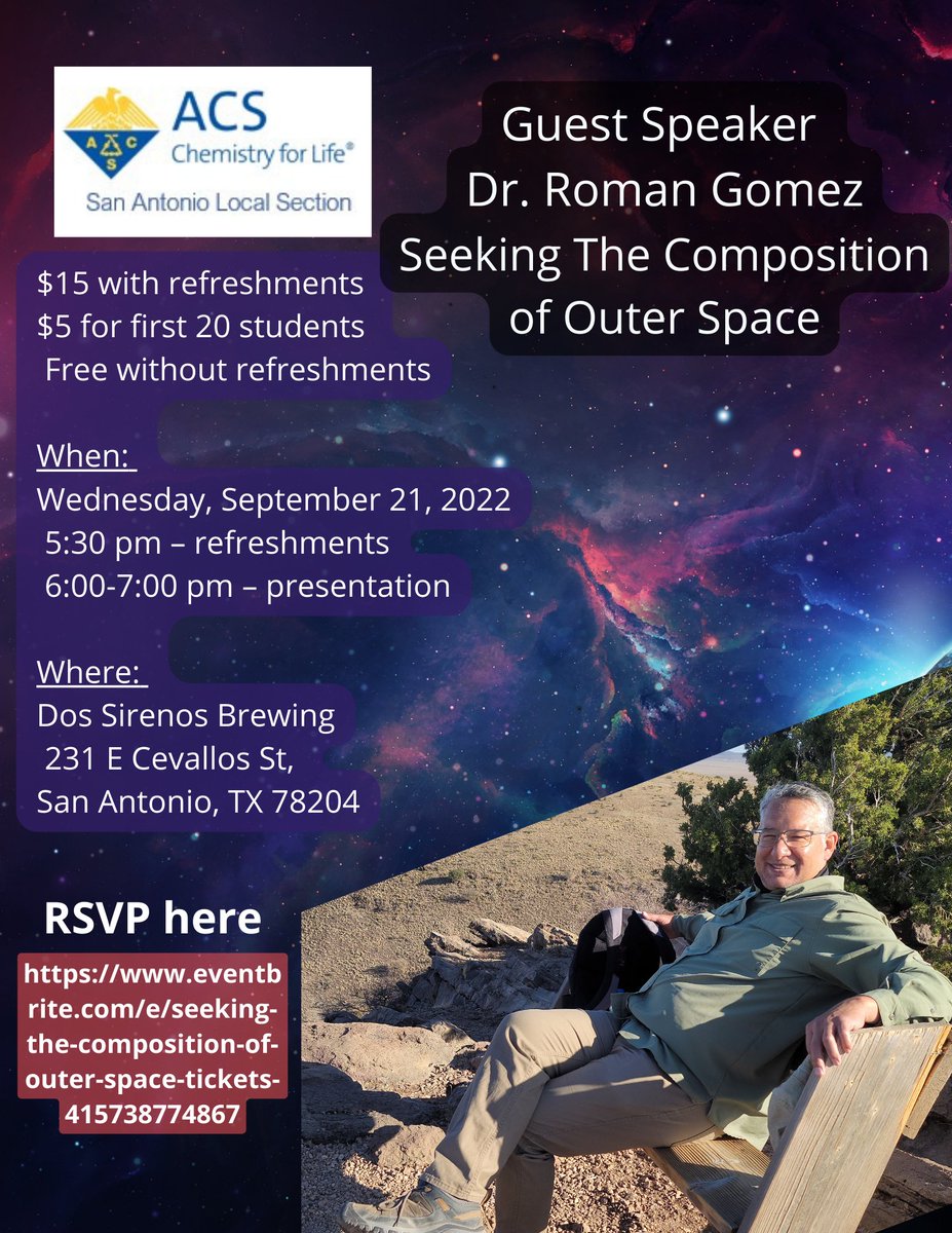 San Antonio ACS local section (@acs_satx) on Twitter photo You are invited to the presentation "Seeking the Composition of Outer Space". San Antonio native Dr. Roman Gomez will share his story about chemistry, physics, and outer space.
Sign up on Eventbrite: eventbrite.com/e/seeking-the-… <a href="/Eventbrite/">Eventbrite</a> You are invited to the presentation "Seeking the Composition of Outer Space". San Antonio native Dr. Roman Gomez will share his story about chemistry, physics, and outer space.
Sign up on Eventbrite: eventbrite.com/e/seeking-the-… <a href="/Eventbrite/">Eventbrite</a>