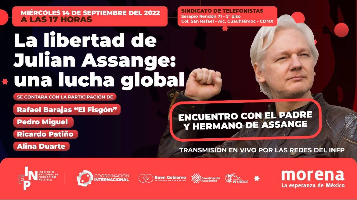 Este 14 de septiembre asiste al encuentro con John Shipton y <a href="/GabrielShipton/">Gabriel Shipton</a> padre y hermano de Julian Assange para dialogar y hacer un llamado global por su liberación y por la libertad de expresión.

Invitados: <a href="/AlinaDuarte_/">alina ɗuarte</a>  <a href="/fisgonmonero/">Rafael Barajas</a> <a href="/RicardoPatinoEC/">Ricardo Patiño</a> <a href="/Navegaciones/">Pedro Miguel</a>