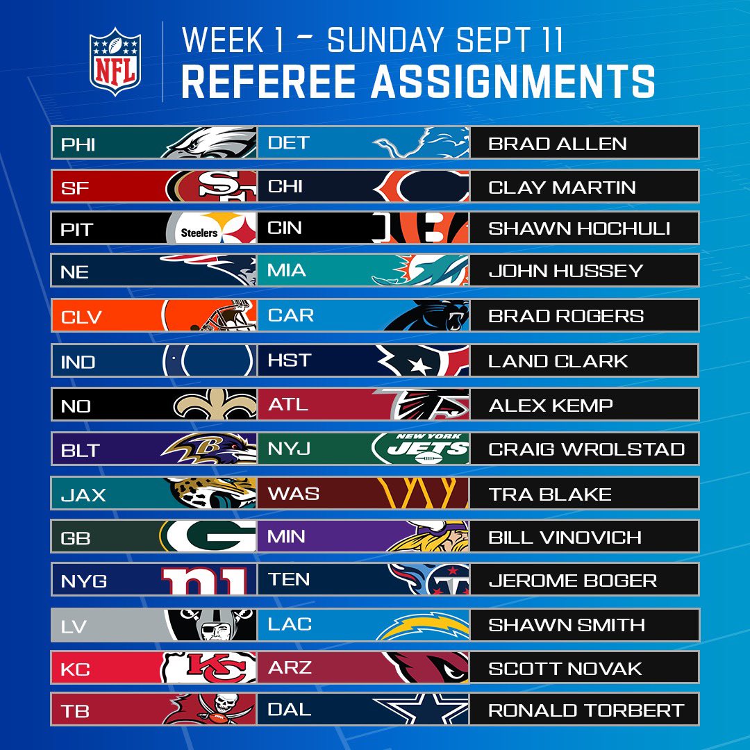 NFL Officiating on Twitter "Referee assignments for Week 1 Sunday