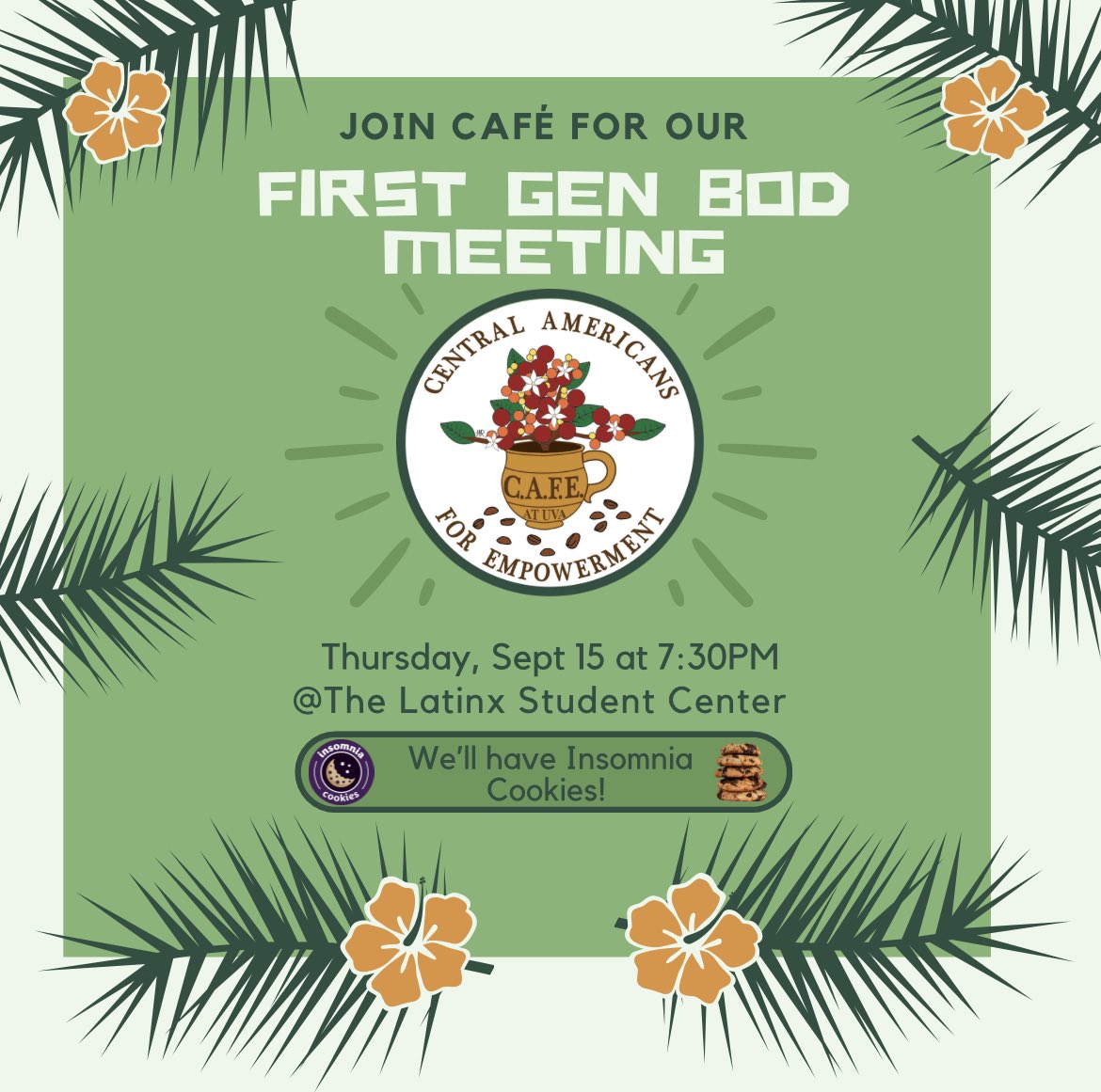 CAFEatUVA's tweet photo. Join us for our first gen bod meeting this Thursday at 7:30 pm in the Latinx Student Center!! 😊 https://t.co/kPOcMzE1cE