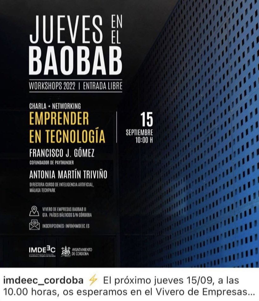 El próximo Jueves en imdeec charla sobre emprender en tecnología. Va a estar muy interesante. Si te gusta la tecnología o quieres montar un proyecto tecnologico te será muy útil acudir a este evento totalmente gratuito <a href="/PayThunder/">PayThunder</a> <a href="/martintriv15/">Antonella Martín Triviño🍀</a>. Nos vemos 🤖🦾