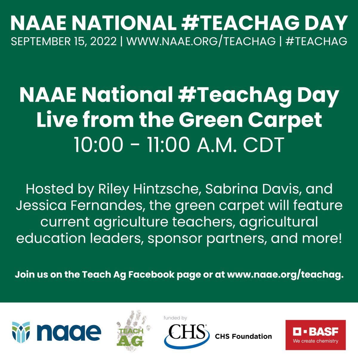 Teach_Ag's tweet photo. We invite you to join us this Thursday for the NAAE National #TeachAg Day Live Webcast! Live from @CHSInc in MN, the green carpet will feature current agriculture teachers, agricultural education leaders, sponsor partners, and more! Learn more here. ➡️ https://t.co/jkPXJFl6wQ https://t.co/DOmY36GAEi