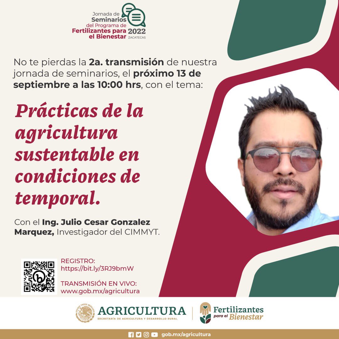 ACCIMMYT's tweet photo. 👨‍🌾 👩‍🌾 Participa en el segundo seminario virtual de #FertilizantesParaElBienestar, Prácticas de la agricultura sustentable.

🗓️ 13 septiembre
⏰ 10:00 A.M.

Registro:
➡ https://t.co/DU5OIwP0VO

Transmisión en vivo en:
➡ https://t.co/KN65yAL9yB

@Agricultura_mex 
@CIMMYT https://t.co/9imSNZbco8