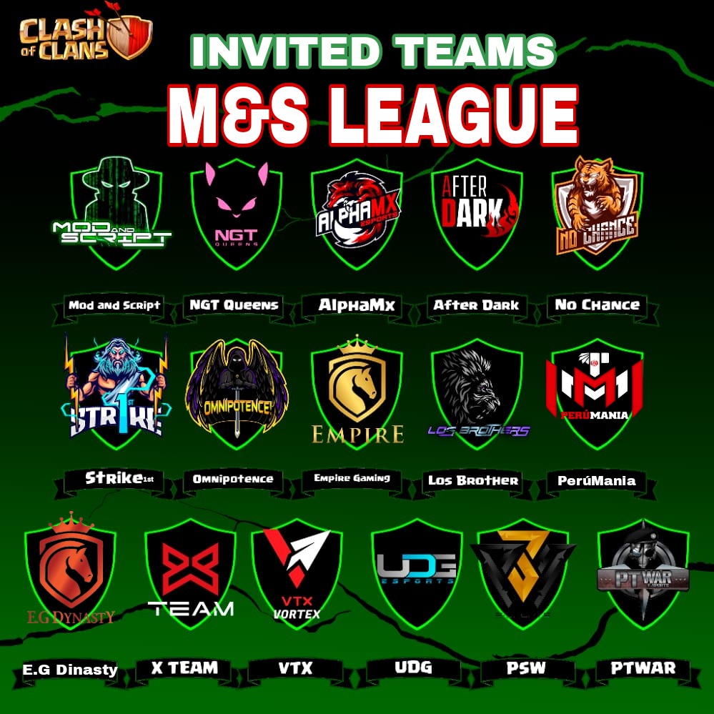 Invited Teams:
@mod_and_script 
<a href="/NgtQueens/">NGT QUEENS</a> 
@AlphaMxEsport 
@AfterDarkCoc 
<a href="/TeamNoChance_/">No Chance</a> 
<a href="/Strike1st_CoC/">Strike1st</a> 
<a href="/Omnipotence_COC/">Omnipotence!</a> 
<a href="/clashwithempire/">Empire Gaming</a> 
<a href="/LosBrothers__/">Los Brothers</a> 
<a href="/Perumania2/">Perumania</a> 
#EGDinasty
<a href="/XTeamESport/">X Team Esports</a> 
<a href="/VTXTeamPT/">VTX</a> 
<a href="/esports_udg/">uDG Esports</a> 
<a href="/psicowaroficial/">PSICOWAR</a> 
@PTWARcoc