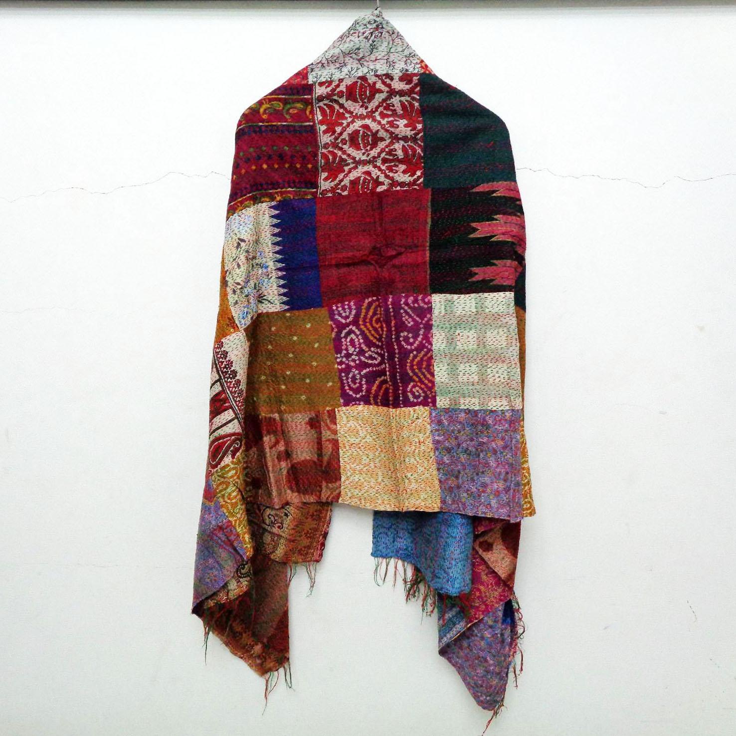 Handmade patchwork long Silk Kantha Scarf Neck Wrap Stole Dupatta Hand Quilted Women Bandanas headband KT01