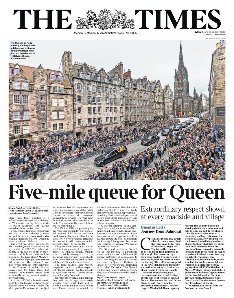 The Times cobertura mídia britânica funeral rainha Elizabeth monarquia 