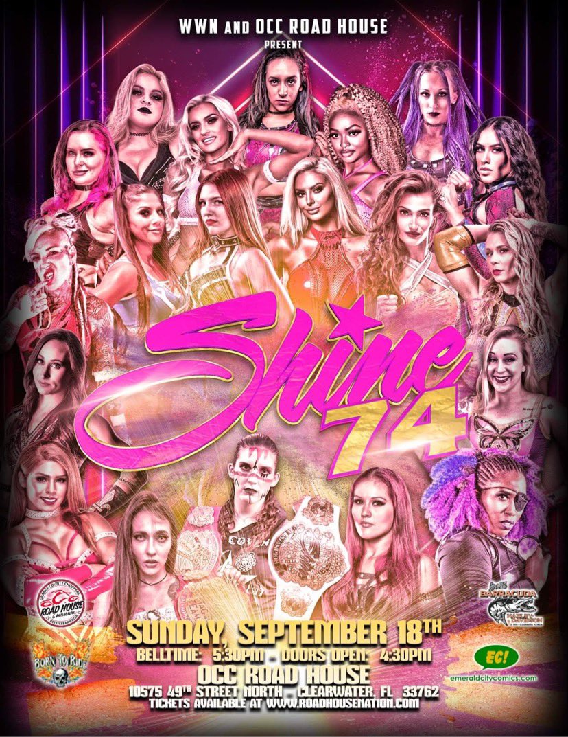 SHINE Wrestling returns to Clearwater, FL on September 18th! WWN & OCC Road House Nation present SHINE 74 Sunday, September 18th, 2022 Doors Open – 4:30 PM EDT Bell Time – 5:30 PM EDT Tickets available at RoadHouseNation.com #WWN #SHINE74 #WomensWrestling
