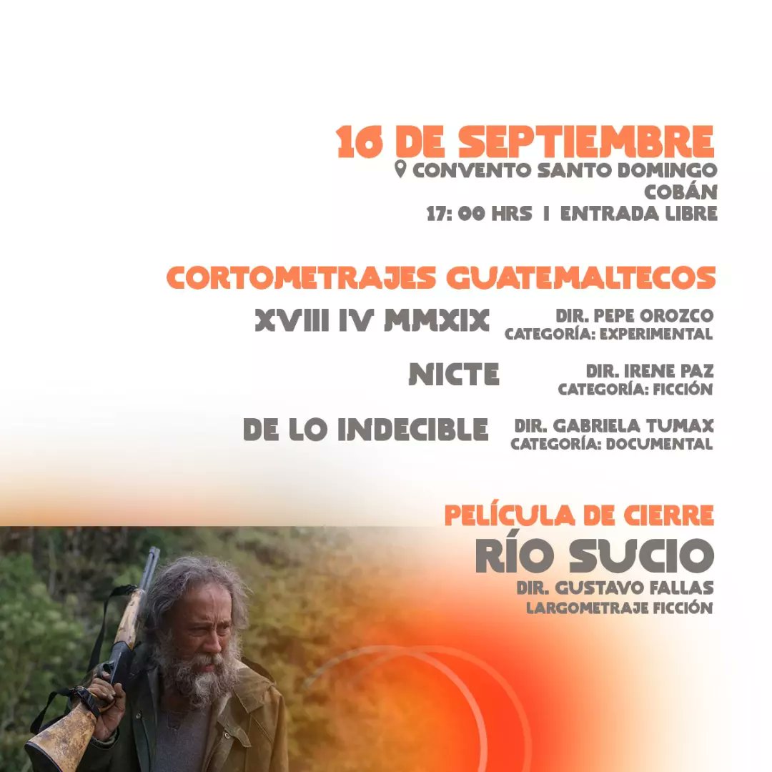 Programa de proyecciones de #ICAROCoban 
Del 13 al 16 de septiembre

#ICARO25  #ICAROGuatemala  #CineCentroamericano   #PelículaInaugural  #Cortometrajes