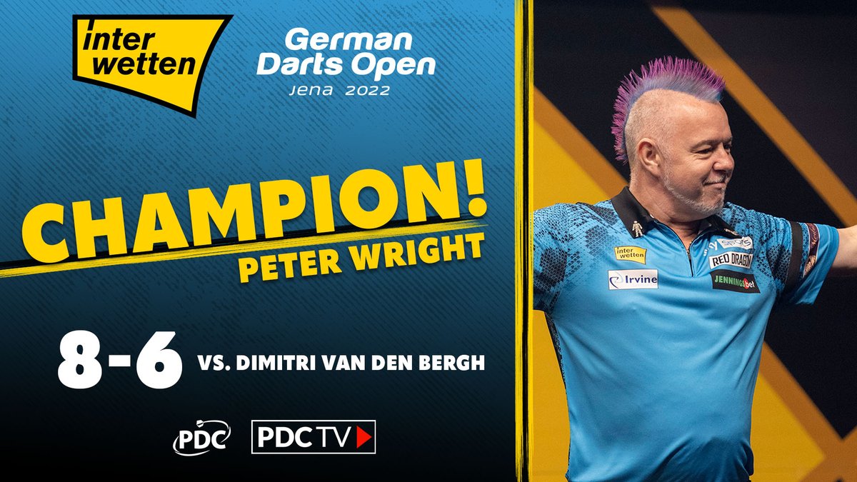 WRIGHT WINS! 🏆

Peter Wright is the 2022 Interwetten German Darts Open champion!

The World Champion denies Dimitri Van den Bergh in a thrilling final to clinch his first European Tour title since 2017!