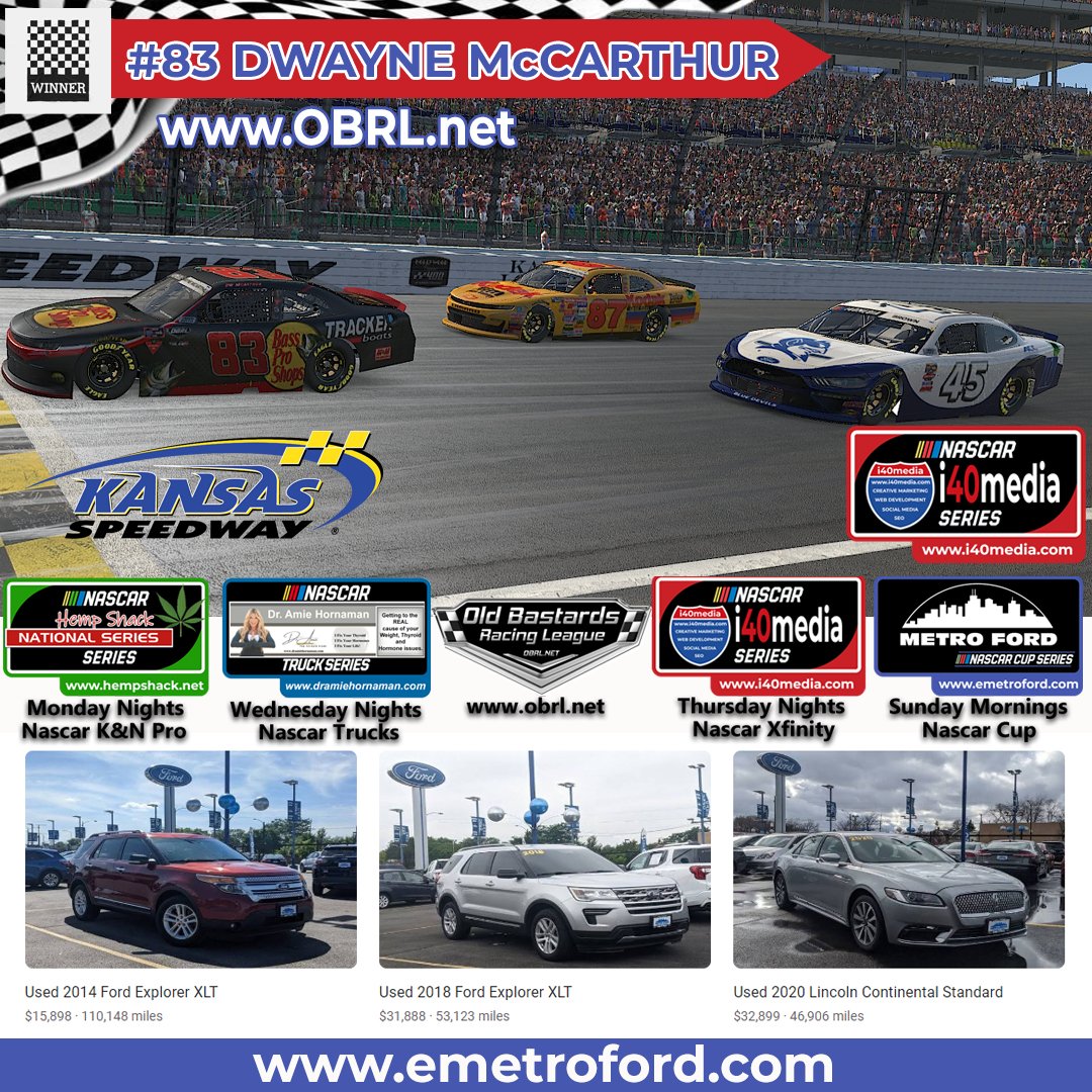 i40media's tweet photo. Dwayne Mcarthur #83 Bass Pro Shops Chevrolet Camaro Wins The Old Bastards Racing League NASCAR iRacing  Xfinity  Series Race at Kansas Speedway!

Tres Brown #45 2nd
Brian Glass #87 3rd

Race Results by Sim Racer Hub 

Visit https://t.co/8FtghQBHft for a… https://t.co/vtw3tzyLaJ https://t.co/gYU8DcCRPZ