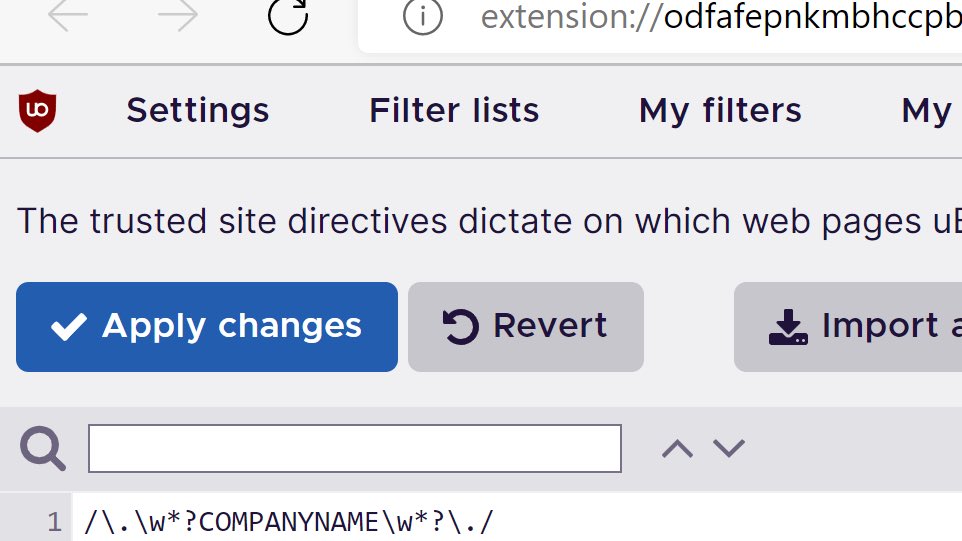 SwiftOnSecurity's tweet image. Challenge: How to deploy browser adblocking company-wide without possibly hitting our own global properties, internal sites, or getting noticed by marketing?
Push a uBlock Origin policy with Hroup Policy including a RegEx that disables it on domains with our company name.