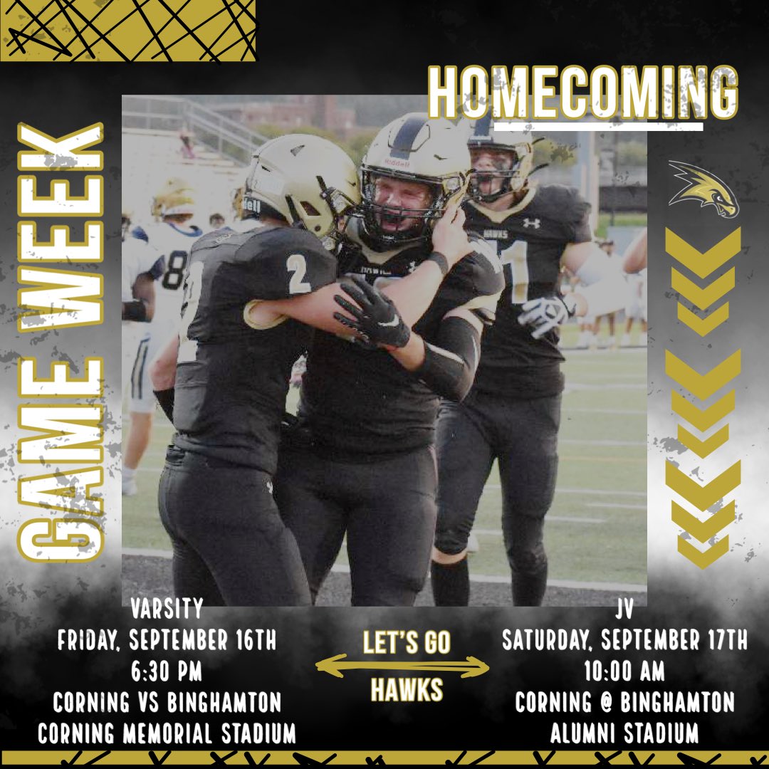 corningfootba11's tweet photo. ‼️GAME WEEK‼️
  HOMECOMING 

VARSITY: Friday, September 16th
6:30 pm
Corning vs Binghamton 
Corning Memorial Stadium

JV: Saturday, September 17th
10:00 am
Corning @ Binghamton 
Alumni Stadium https://t.co/x9pMsGFOYR