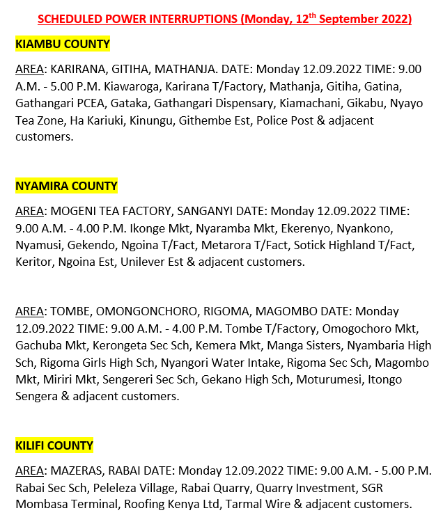 KenyaPower_Care's tweet photo. Hello, these areas will be affected by planned power interruptions tomorrow: ^BT https://t.co/Th3Oz7iM1r