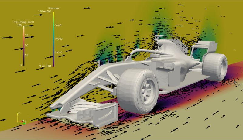latirapedos's tweet photo. It’s Monza (Aka The Temple of Speed) GP week-end, baby! 🏎💨
So here: Aerodynamics of the #ScuderiaFerrari 2018 F1 race car #SF71H @ 380 km/h. Velocity Glyphs on a mid- and ground-planes, colored by Pressure and Velocity magnitude, respectively. (BTW, that was a fast car!) https://t.co/kMIdVkzYNy