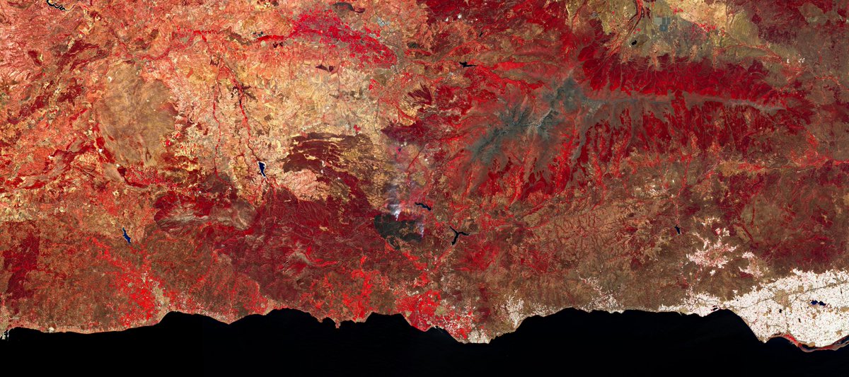 Samuel_MR17's tweet photo. En esta imagen de Sentinel-2 a falso color realizada ayer vemos en negro la superficie afectada del #IFLosGuajares. Una gran herida que tardará décadas en curarse https://t.co/DJUWAZMuFQ