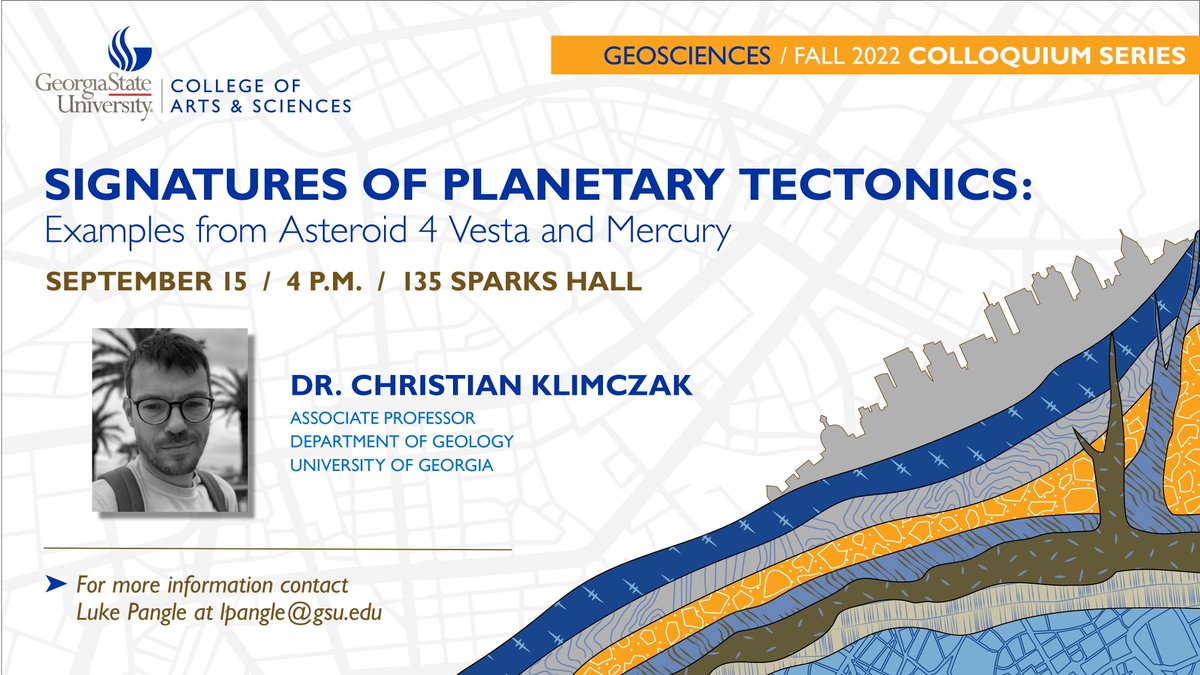 GSUGEOS's tweet photo. This week we're excited to welcome Dr. Christian Klimczak @FAULTSnPLANETS from the Department of Geology at UGA to campus to talk about his research on planetary and structural geology! 

Join us on Thursday, 9/15 at 4pm in 135 Sparks Hall! https://t.co/oLHCEbkqpv