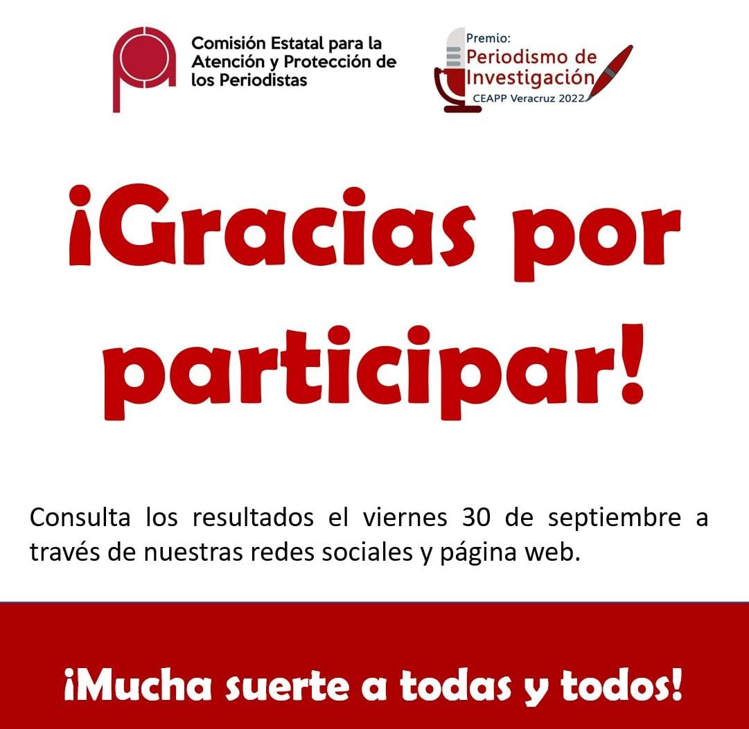 CEAPP_V's tweet photo. ¡Gracias por participar en el Premio Periodismo de Investigación CEAPP Veracruz 2022!...

En esta edición 2022 recibimos 66 postulaciones.

Gracias por contribuir y consolidar este Premio como uno de los mejores del país. https://t.co/BiInDmd7PI
