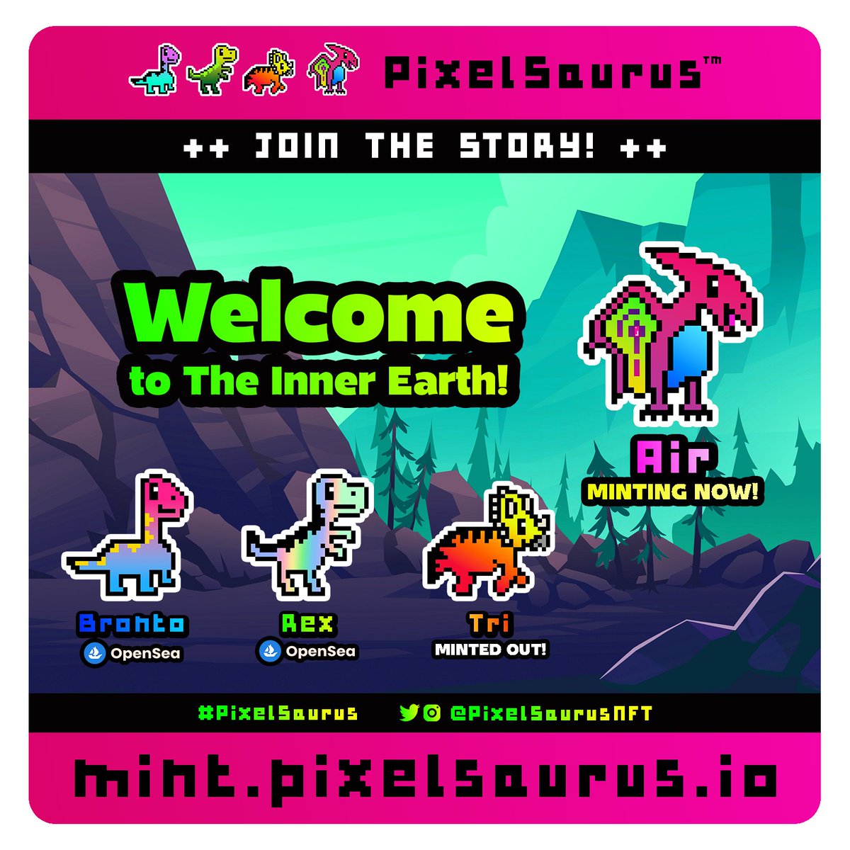 Mint a PixelSaurus™ Air and join the story!
✨ mint.pixelsaurus.io | 0.06 ETH 🦖🌋

💎 ONLY 1005 #NFTs in the collection!
💎 Innovative 'Choose Traits' Utility!
💎 8 Levels of rarity!
💎 FULL IP Rights!
💎 Access to our #OtherSide [#54747]!

#nft #nftart #nftcommunituy #rawr