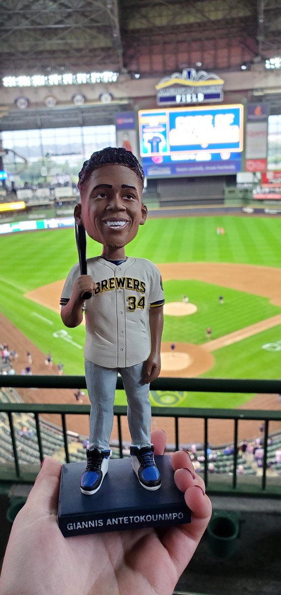2followthecrew's tweet photo. We braved horrible traffic and pouring rain to be at the @Brewers game today but we made it!!

Giannis bobbleheads have been acquired :)) https://t.co/tnTapVaUqi