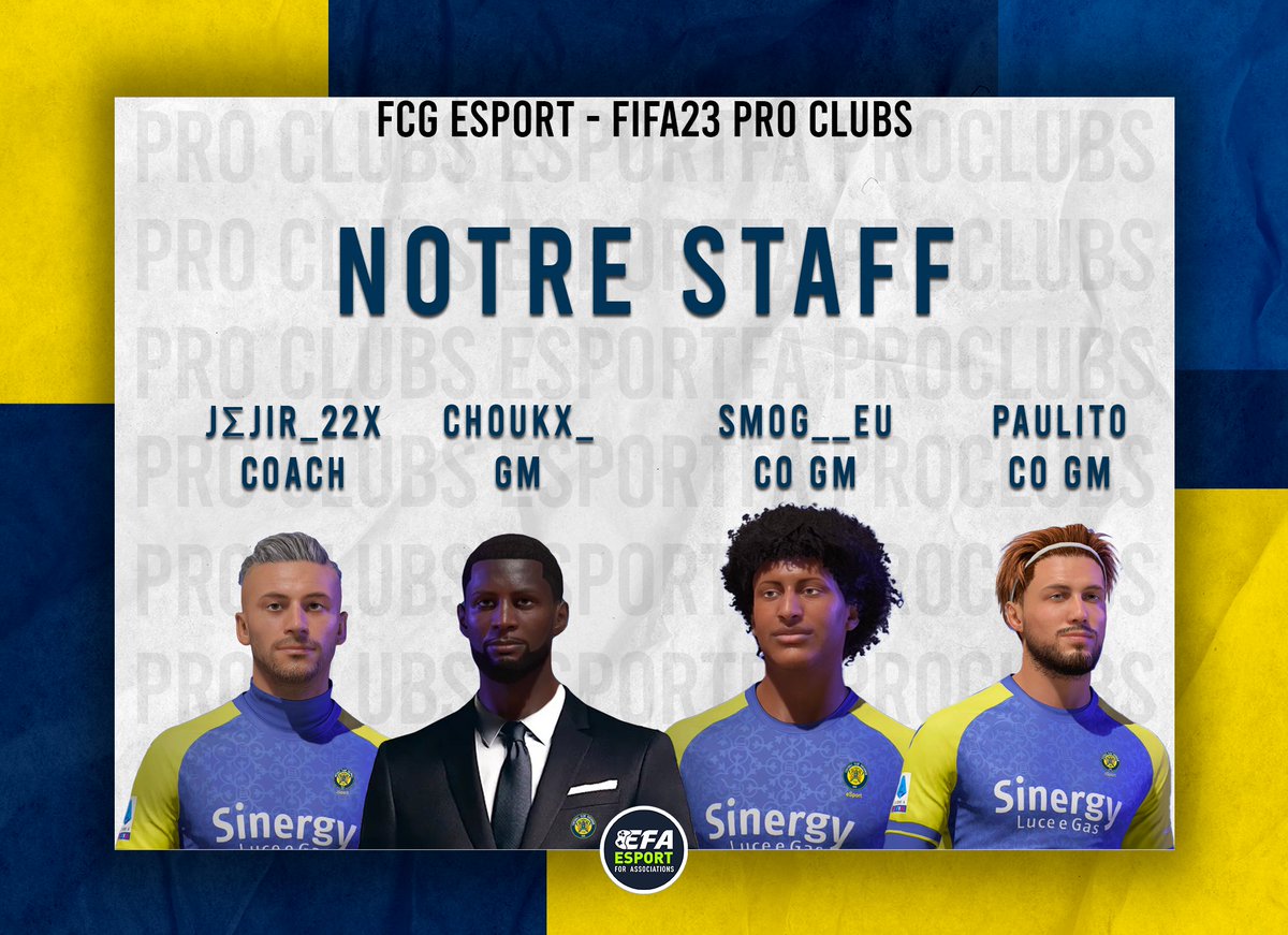 [#FIFA23 Pro Clubs]

Profitons des annonces d'<a href="/eSportFA_FR/">ESPORT FOR ASSOCIATIONS</a>, pour vous présenter notre staff de cette saison :
- <a href="/Chouket_23x/">Choukx_</a> GM
- <a href="/Smog__Eu/">smog</a> CO GM
- <a href="/paulito_2608/">Paul</a> CO GM
- <a href="/JeJiR_22x/">JΣJiR_22x ⚡</a> Coach

#ForgeronArmy #ESPORTFA23