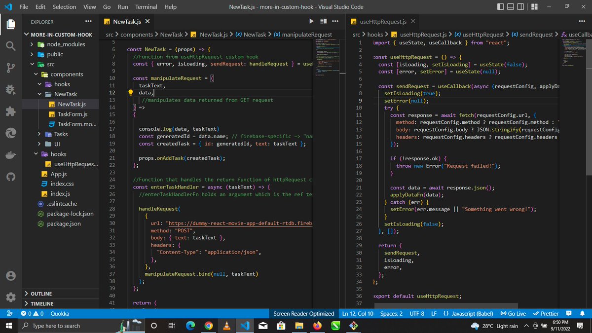 Mfonisoh1's tweet image. Day 23 of  #100daysofcodechallenge
I have not been feeling well recently, but I still struggle to code daily. But I am back now. Took time today to set up my Upwork account upwork.com/freelancers/~0…
Took the break to understand and also build custom hooks.
#javascript #ReactJS